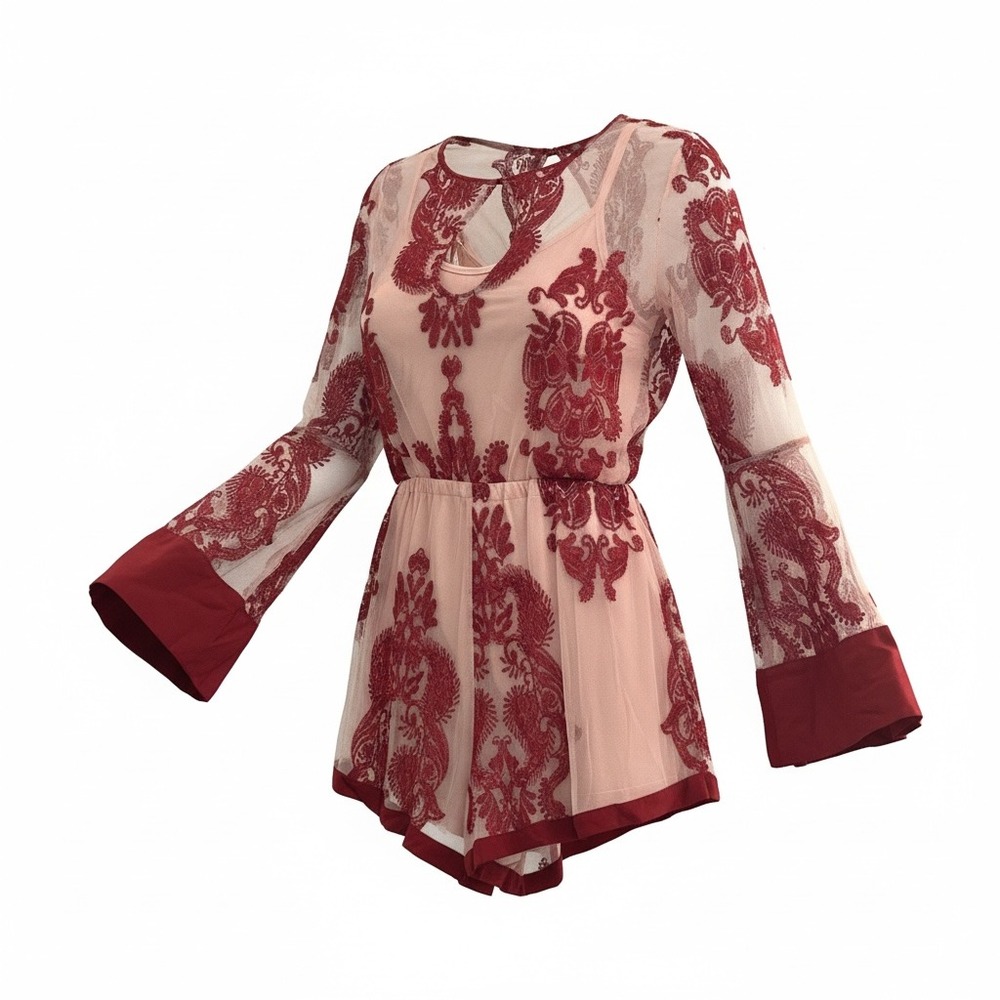 MINIPINK Burgundy Sheer Mesh Romper Bell‎ Sleeve Boho Festival Floral Size Small